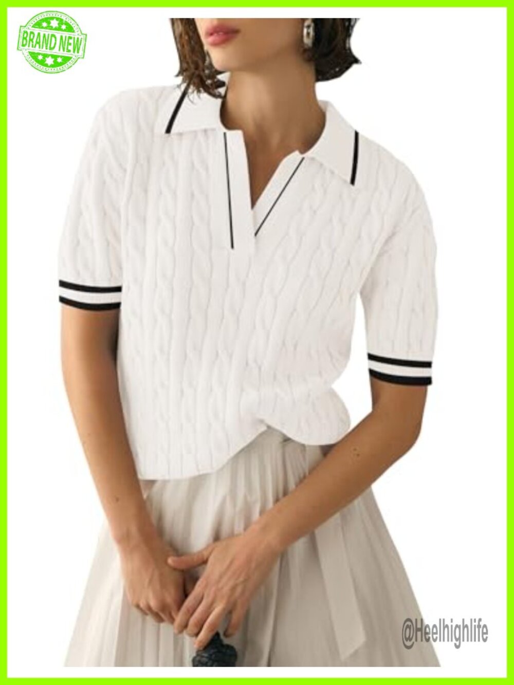 Womens Cable Knit Short Sleeve Sweater Top Lapel V Neck Polo Shirt